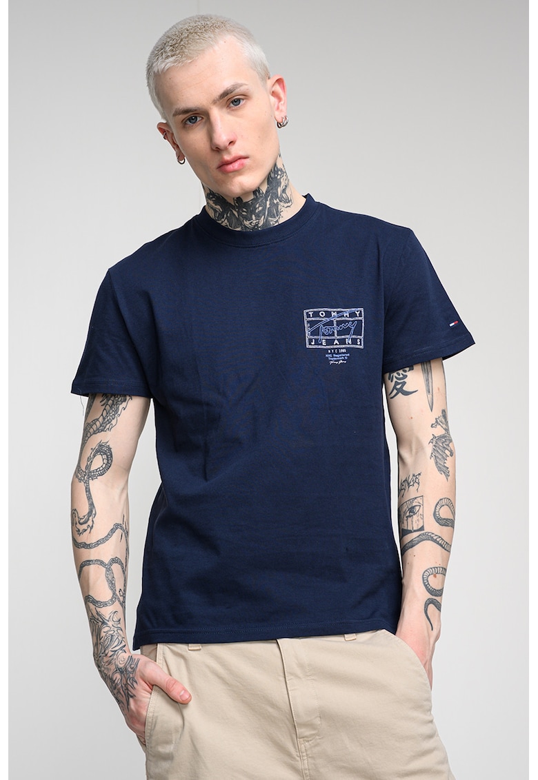 Tricou cu imprimeu si decolteu la baza gatului - Bleumarin