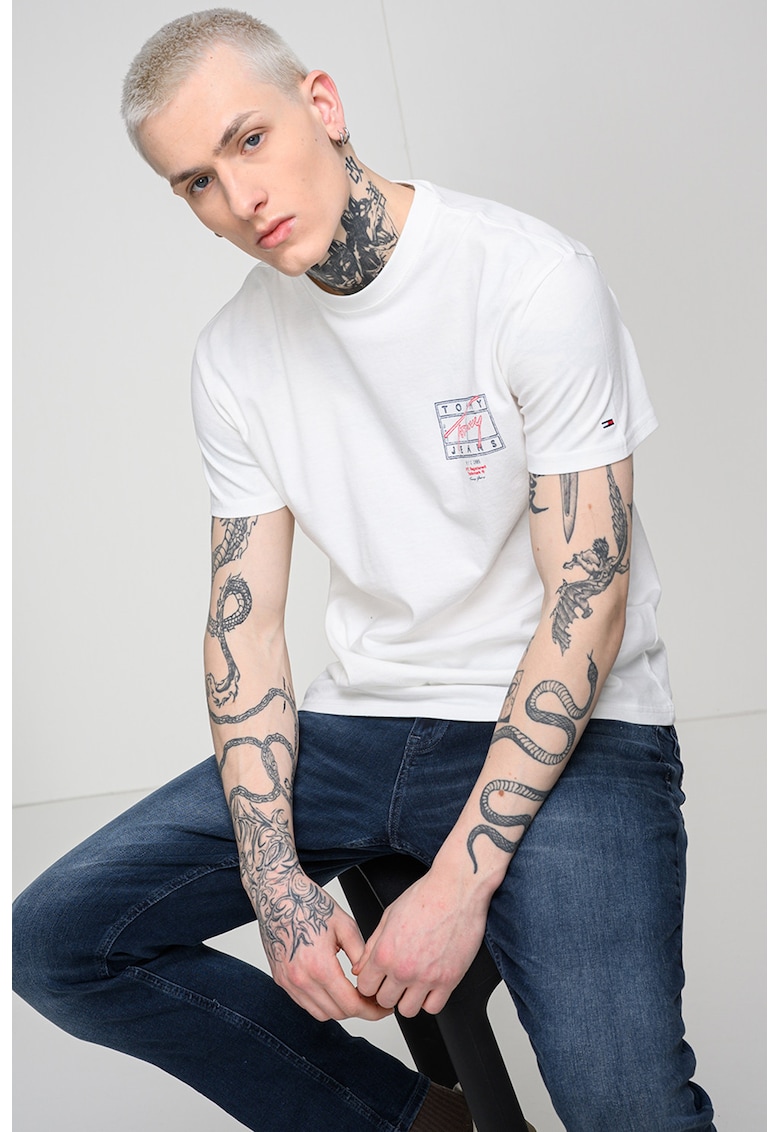Tricou cu imprimeu si decolteu la baza gatului - Alb