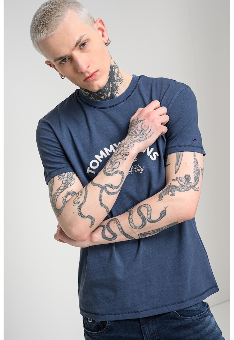 Tricou de bumbac cu decolteu la baza gatului - Albastru prafuit