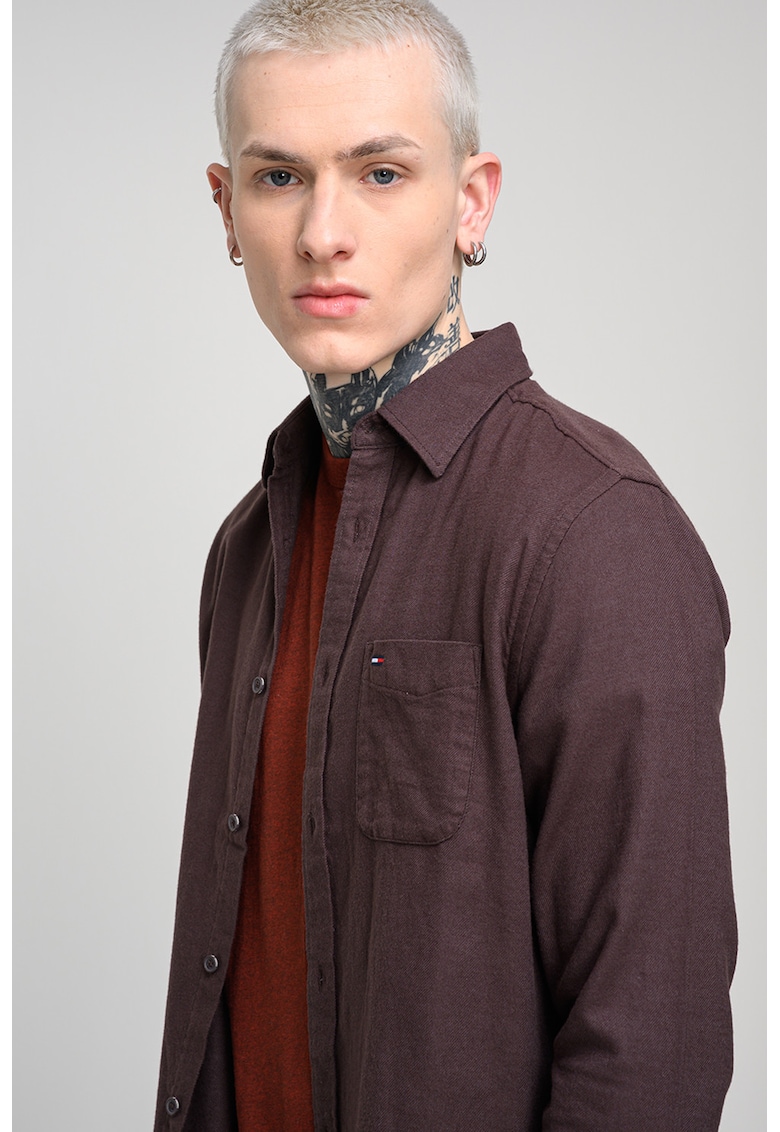 Camasa din bumbac cu buzunar pe piept - Maro inchis