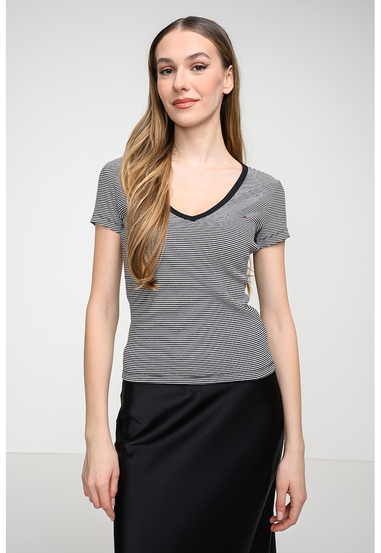 Tricou slim fit cu decolteu in V - Alb/Negru