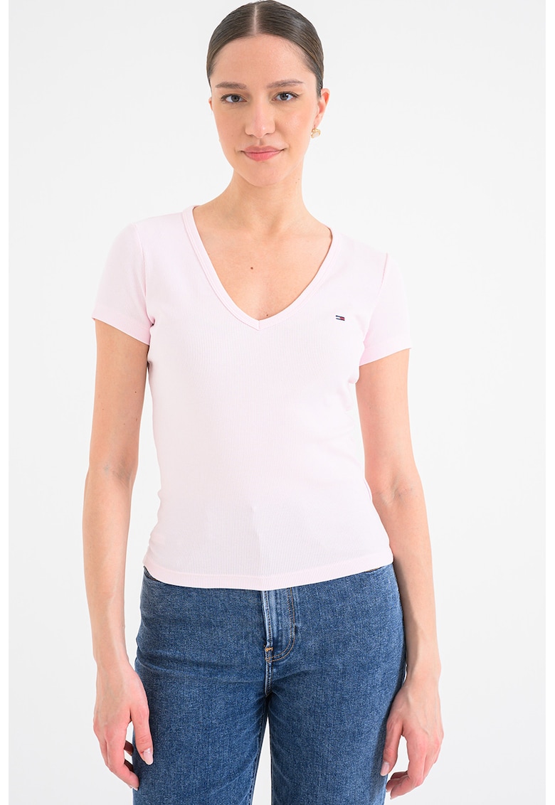 Tricou slim fit cu decolteu in V - Roz deschis