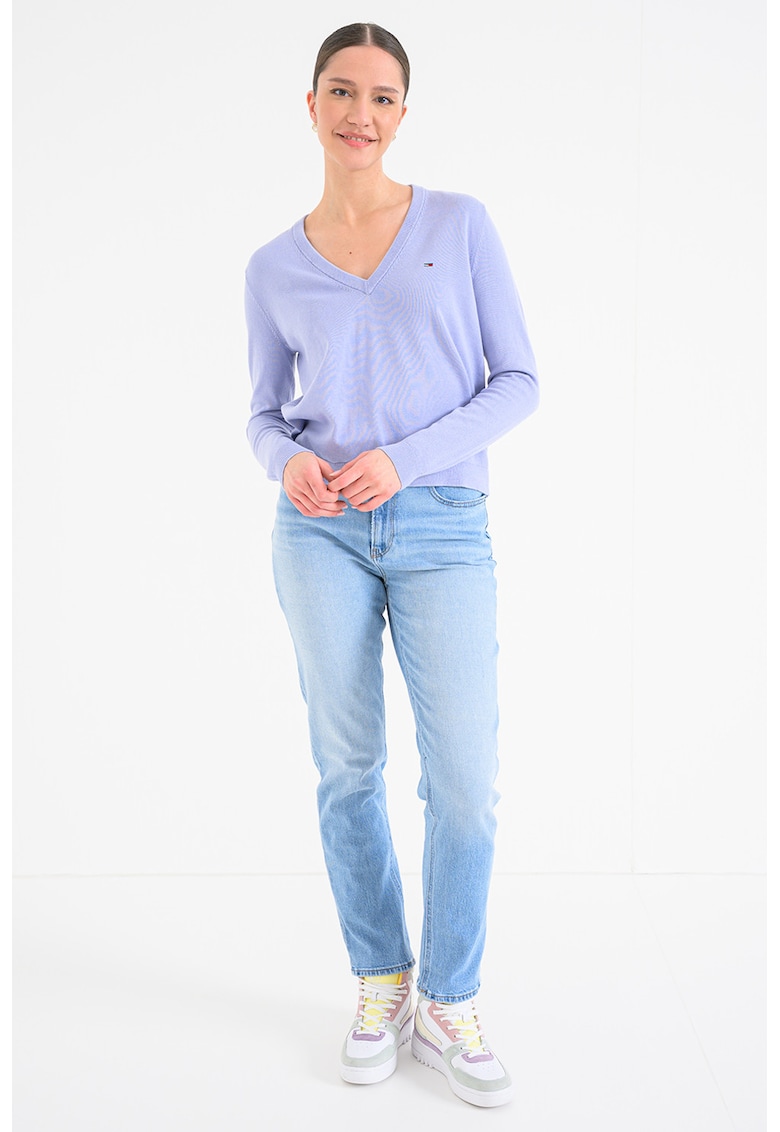 Pulover din bumbac organic cu decolteu in V - Lila