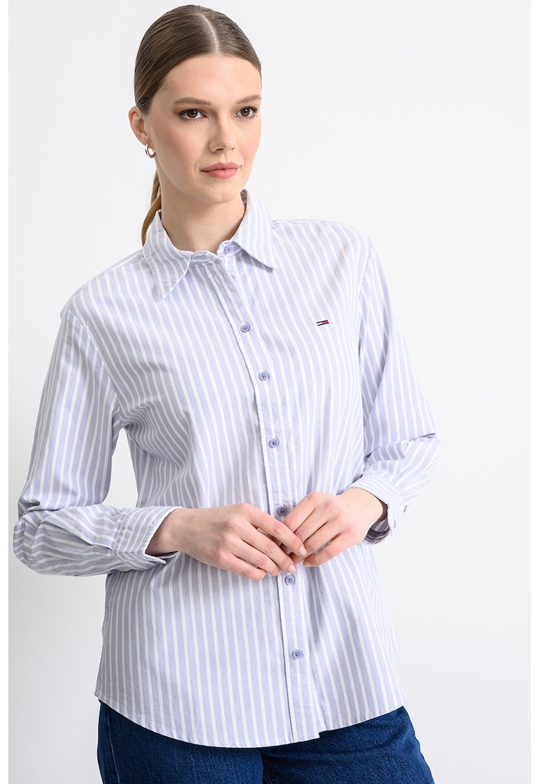 Camasa din bumbac organic cu dungi - Alb/Liliac prafuit