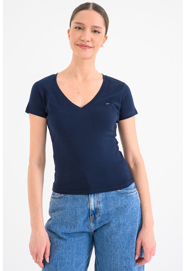 Tricou slim fit cu broderie logo discreta - Albastru indigo