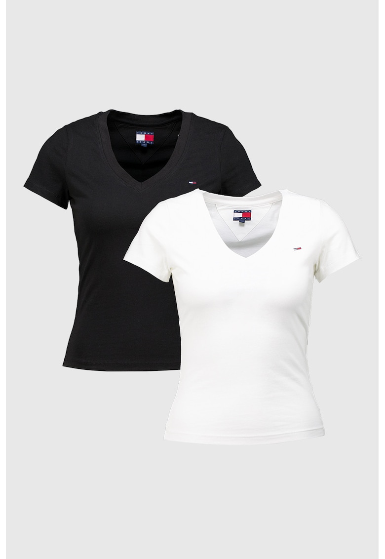 Set de tricouri din bumbac cu decolteu in V - 2 piese - Alb/Negru