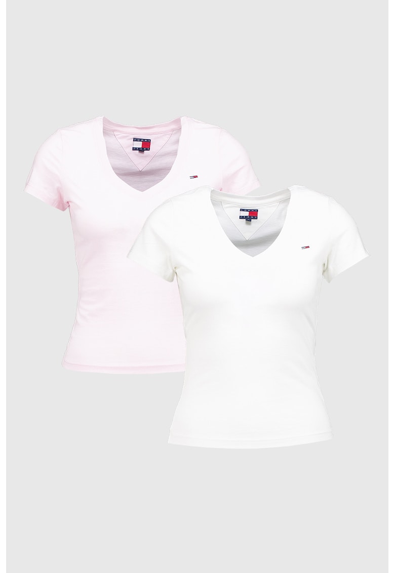 Set de tricouri din bumbac cu decolteu in V - 2 piese - Alb/Roz deschis