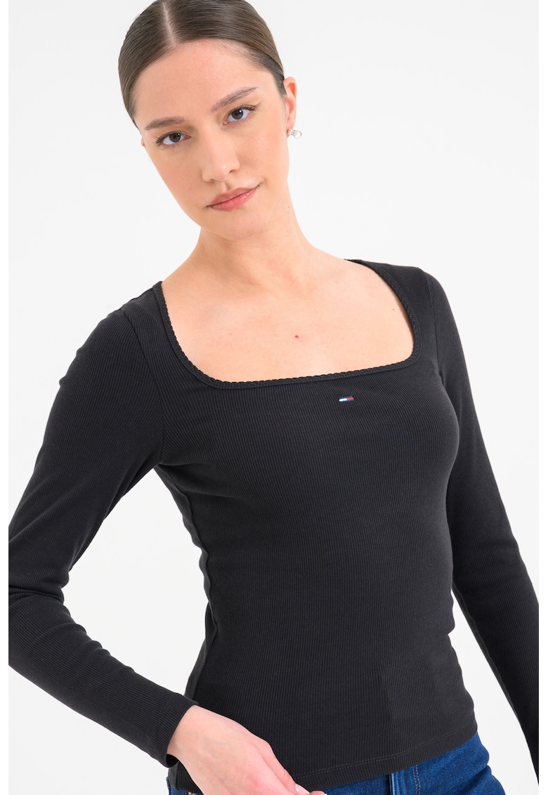 Bluza slim fit cu decolteu patrat - Negru