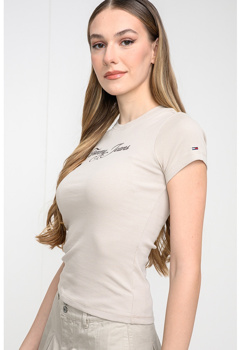 Tricou slim fit cu logo - Maro nisip