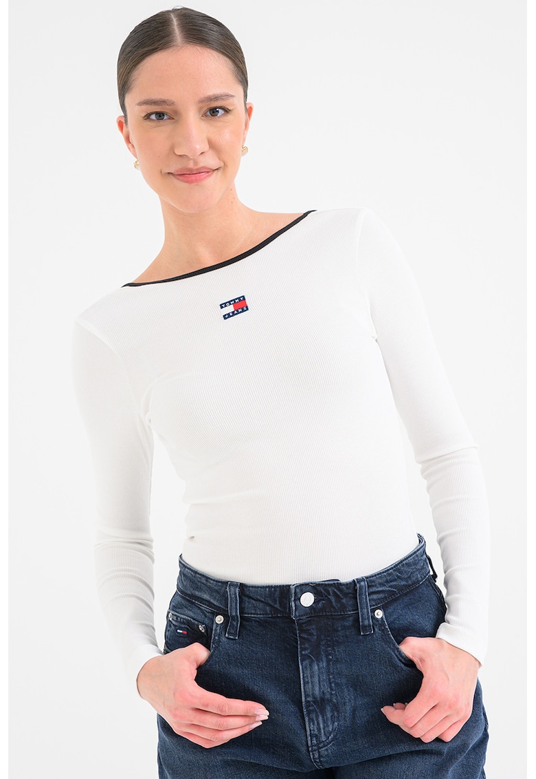 Bluza slim fit cu decolteu barcuta - Alb