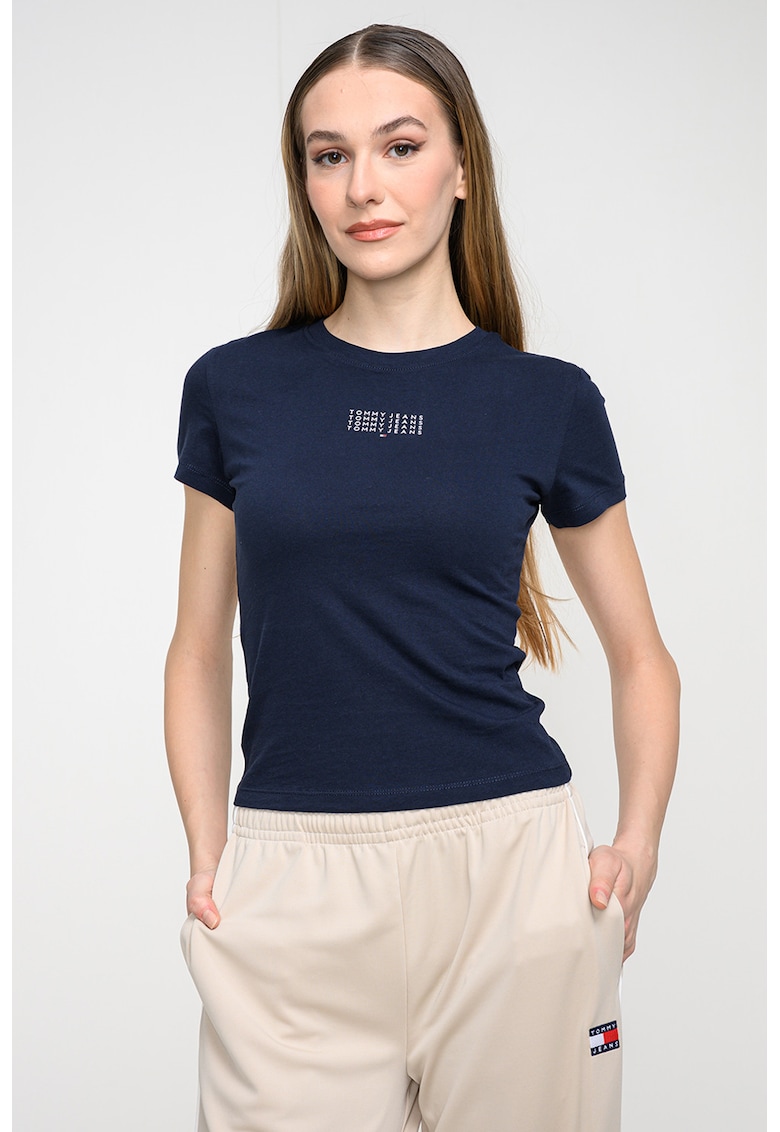 Tricou slim fit cu decolteu la baza gatului - Albastru ultramarin