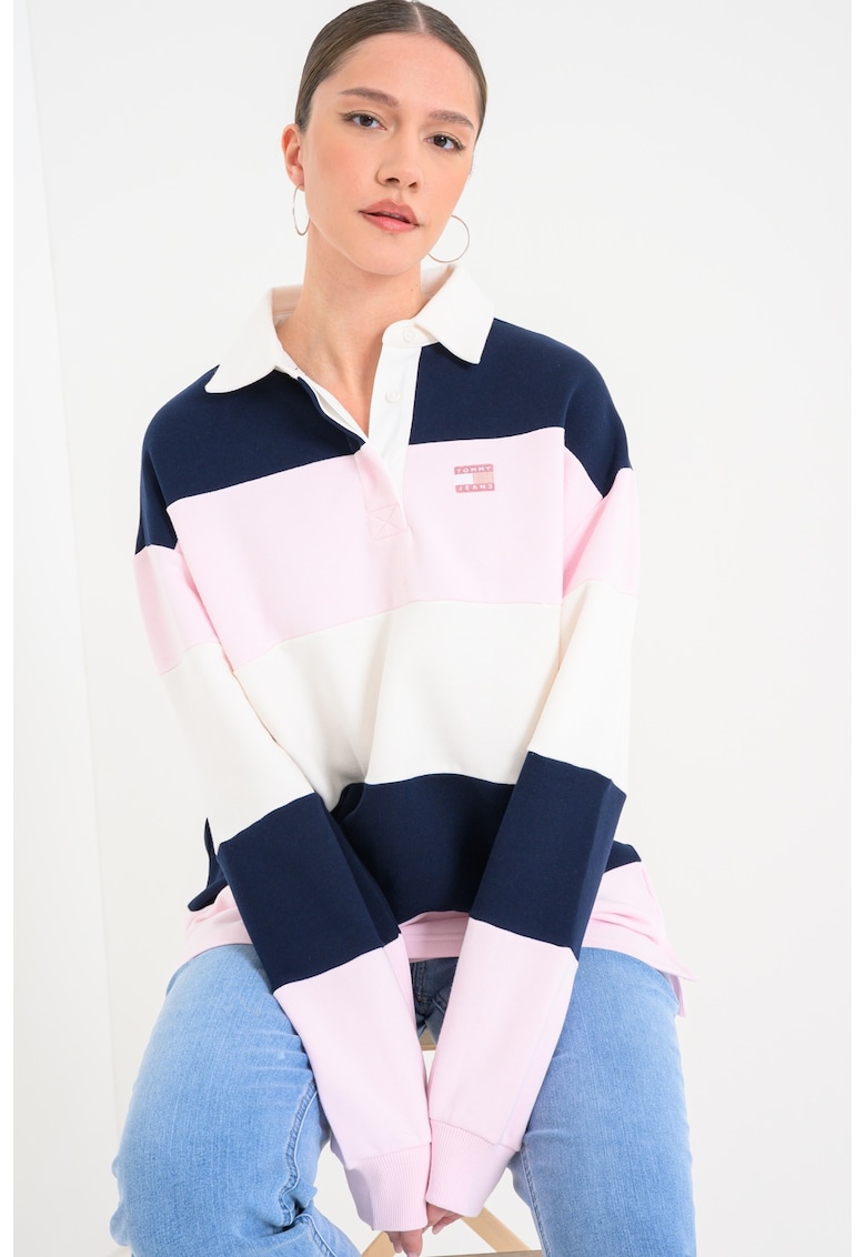 Bluza polo de trening din bumbac - Roz deschis/Bleumarin