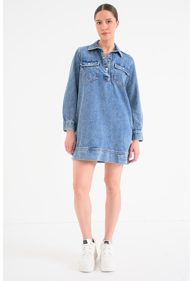 Rochie-camasa mini din denim - Albastru melange