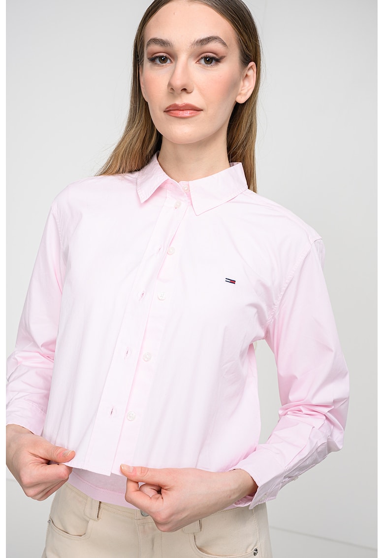 Camasa crop relaxed fit cu logo discret - Roz deschis
