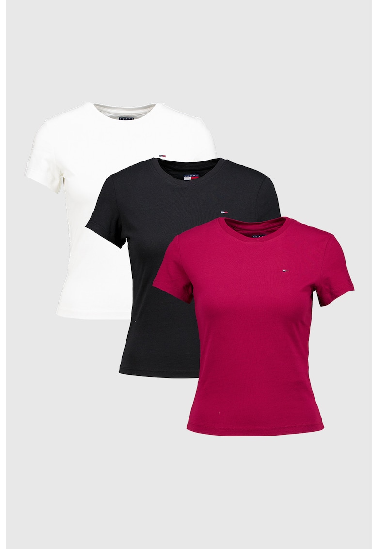 Set de tricouri slim fit de bumbac- 3 piese - Alb/Negru/Roz zmeuriu