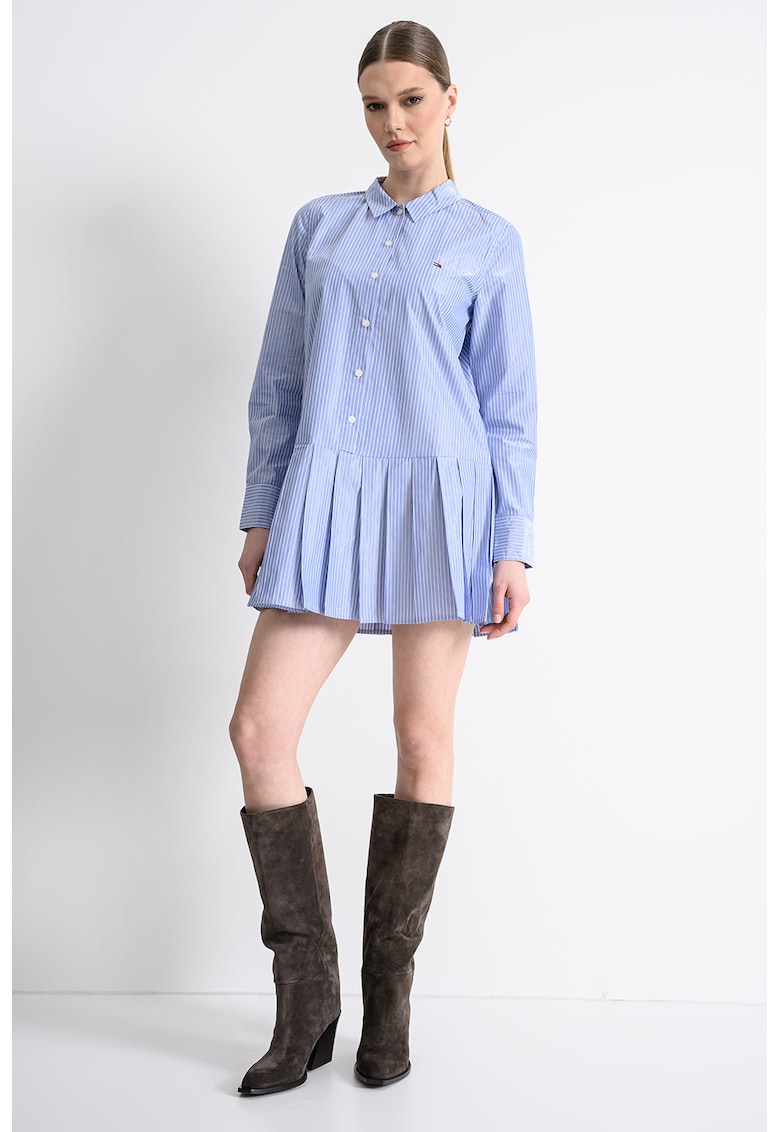 Rochie scurta cu pliuri si dungi - Alb/Albastru lavanda