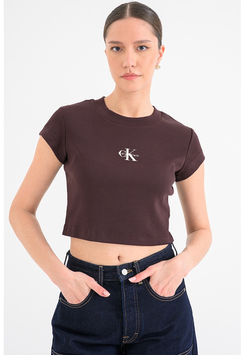 Tricou crop cu aspect striat - Maro