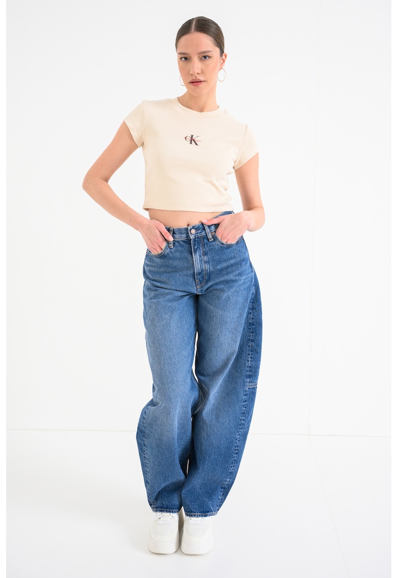 Tricou crop cu aspect striat - Bej deschis