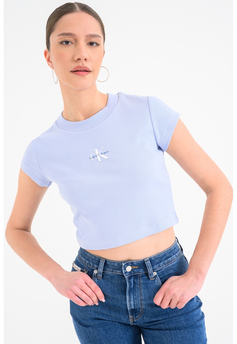 Tricou crop cu aspect striat - Albastru deschis