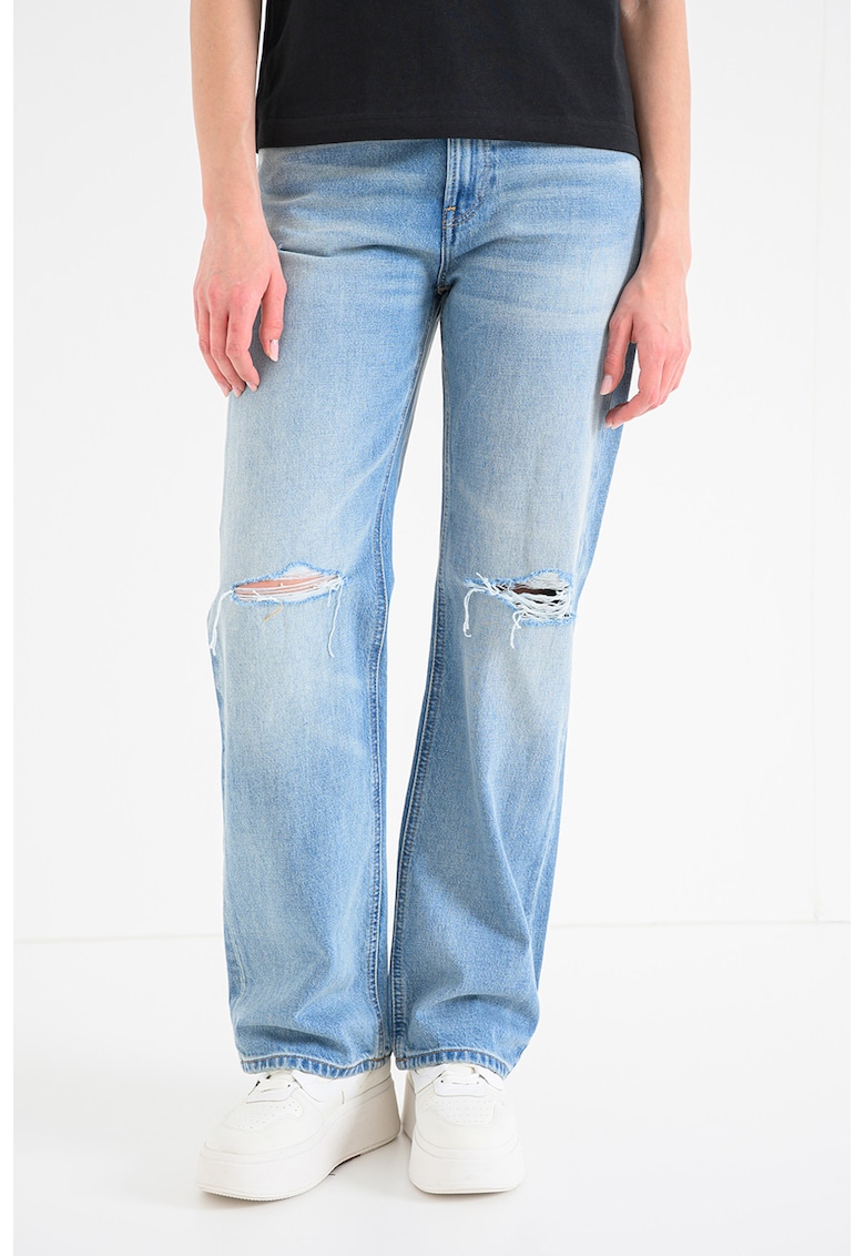 Pantaloni drepti cu aspect deteriorat - Albastru deschis