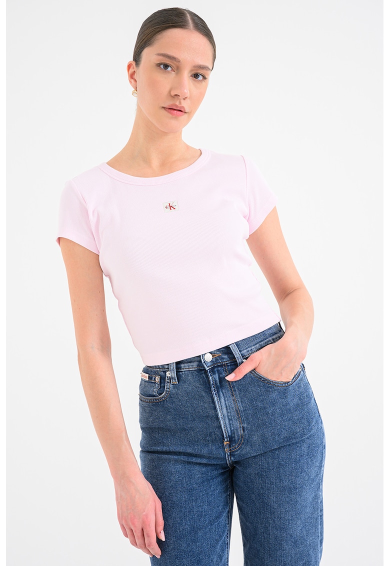 Tricou crop cu croiala slim fit - Roz deschis