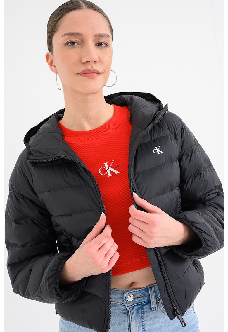 Jacheta crop matlasata cu gluga - Negru