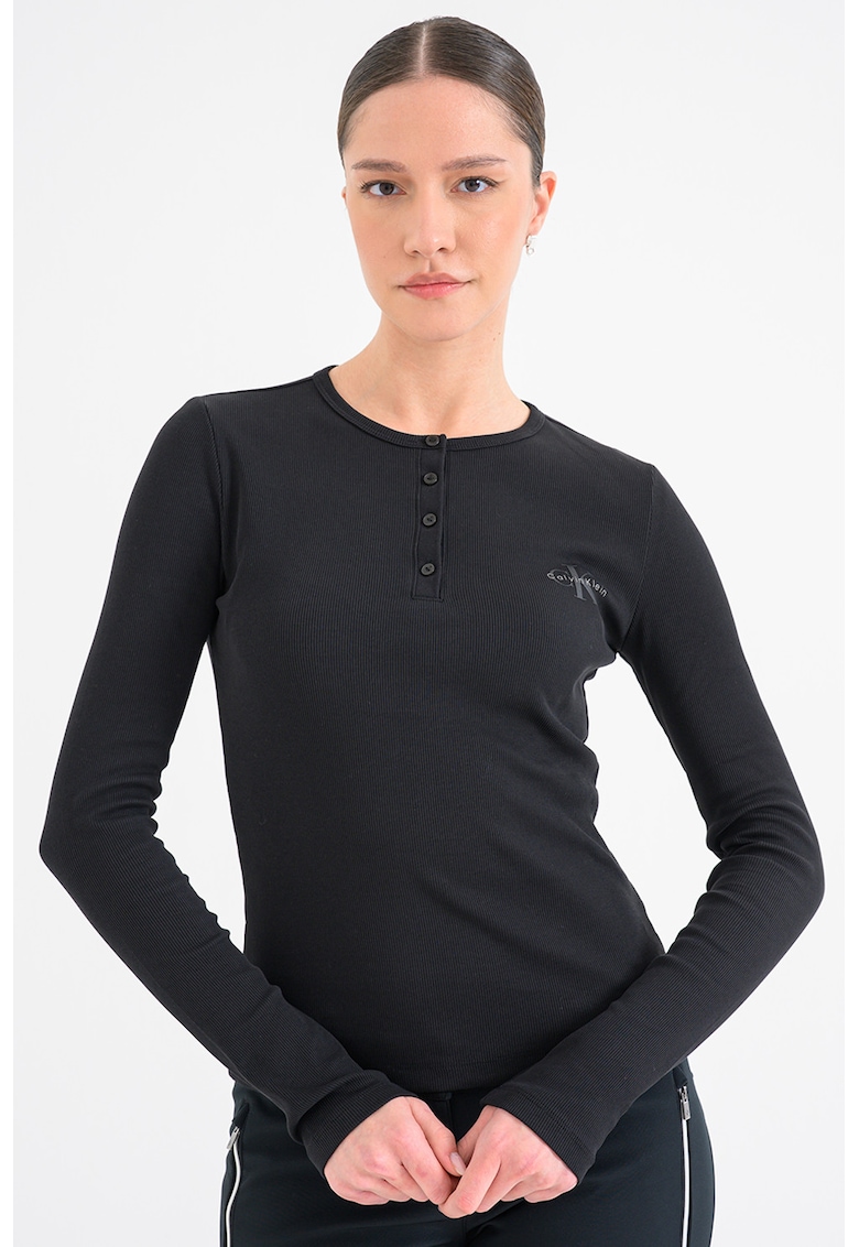 Bluza slim fit cu fenta cu nasturi - Negru
