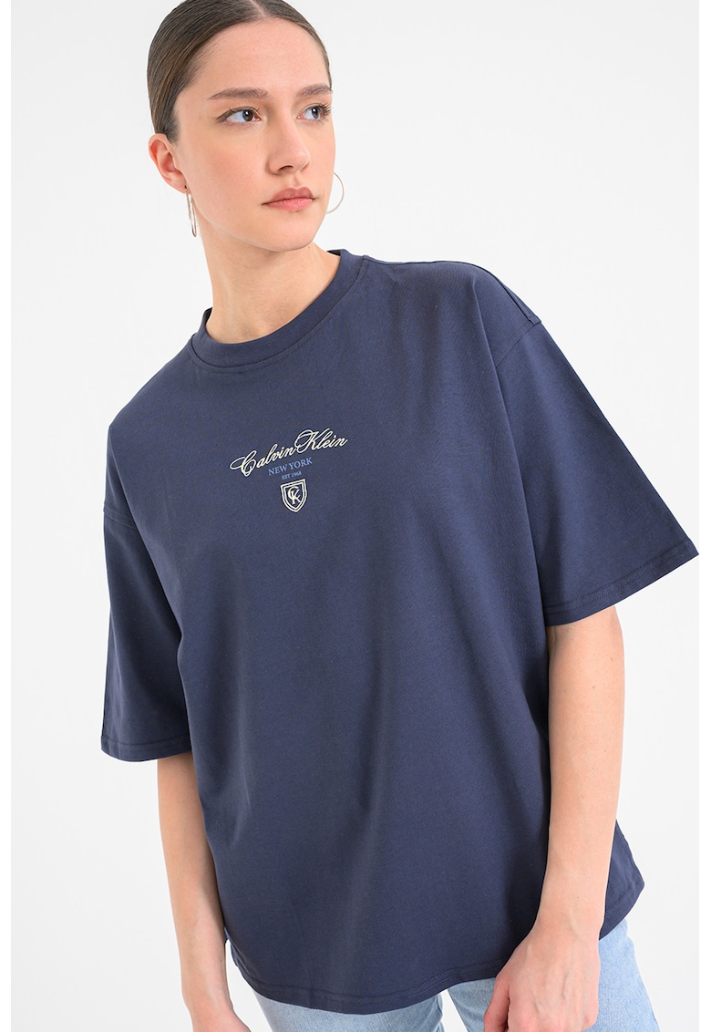 Tricou cu maneci cazute si logo - Albastru prafuit