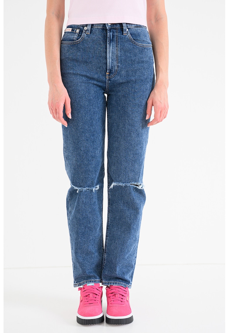 Blugi cu talie inalta si aspect deteriorat - Albastru melange