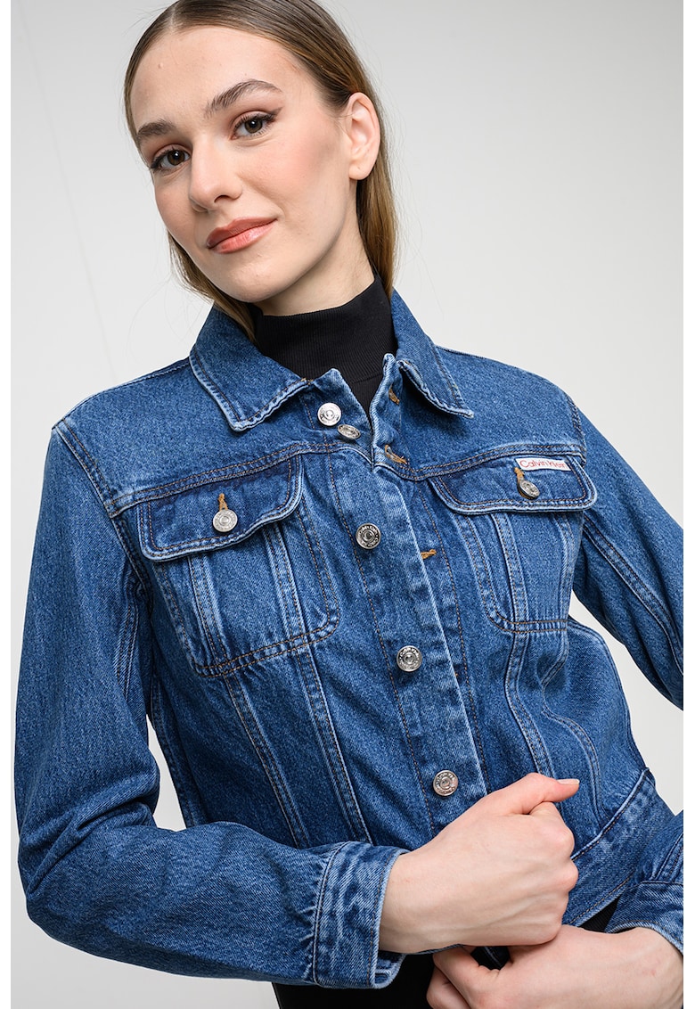 Jacheta crop din denim cu buaunare pe piept - Albastru melange