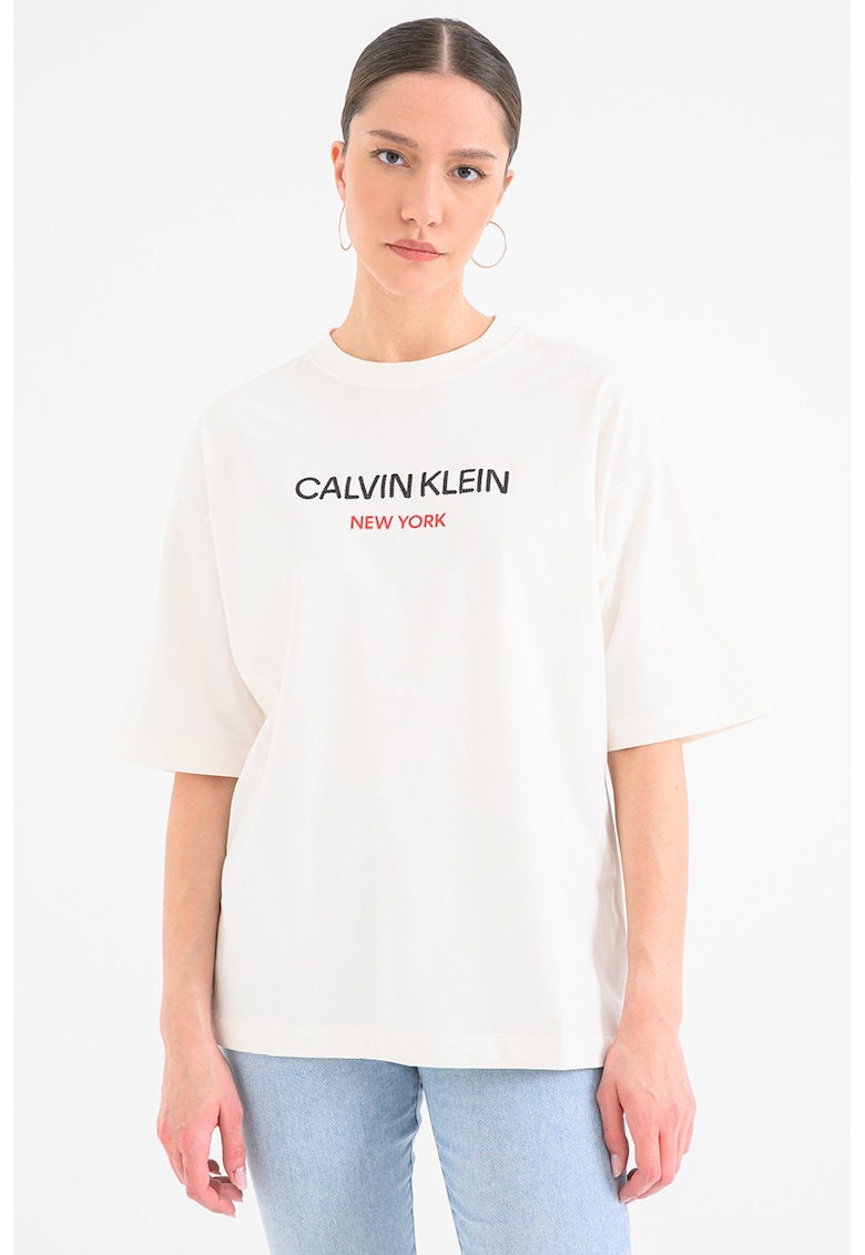 Tricou supradimensionat cu logo - Crem
