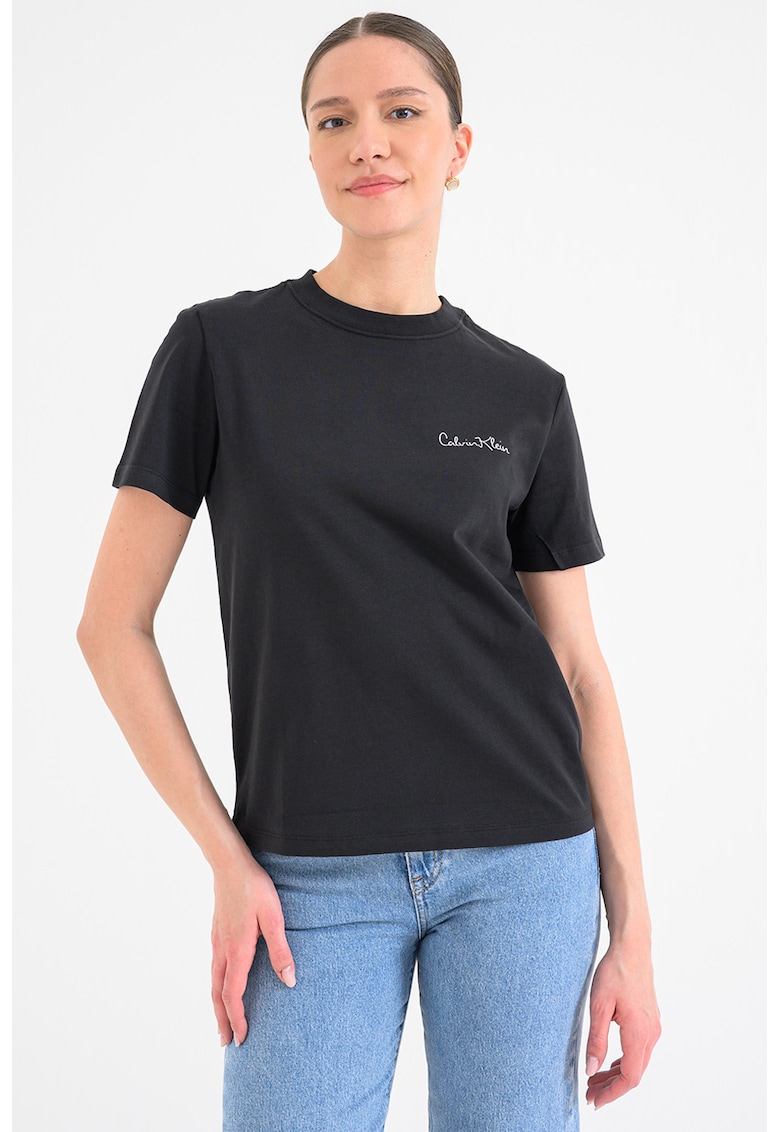 Tricou de bumbac cu decolteu la baza gatului - Negru