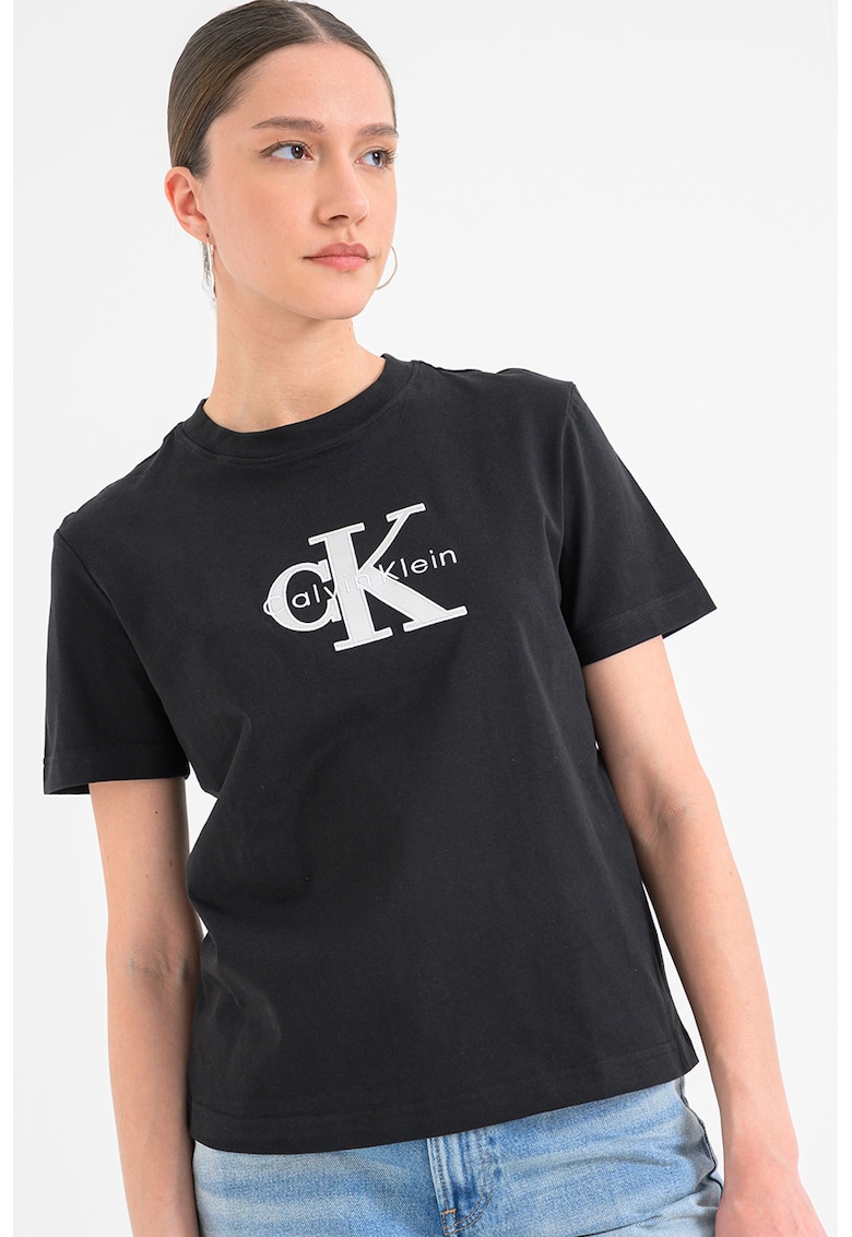 Tricou cu decolteu la baza gatului si imprimeu - Negru