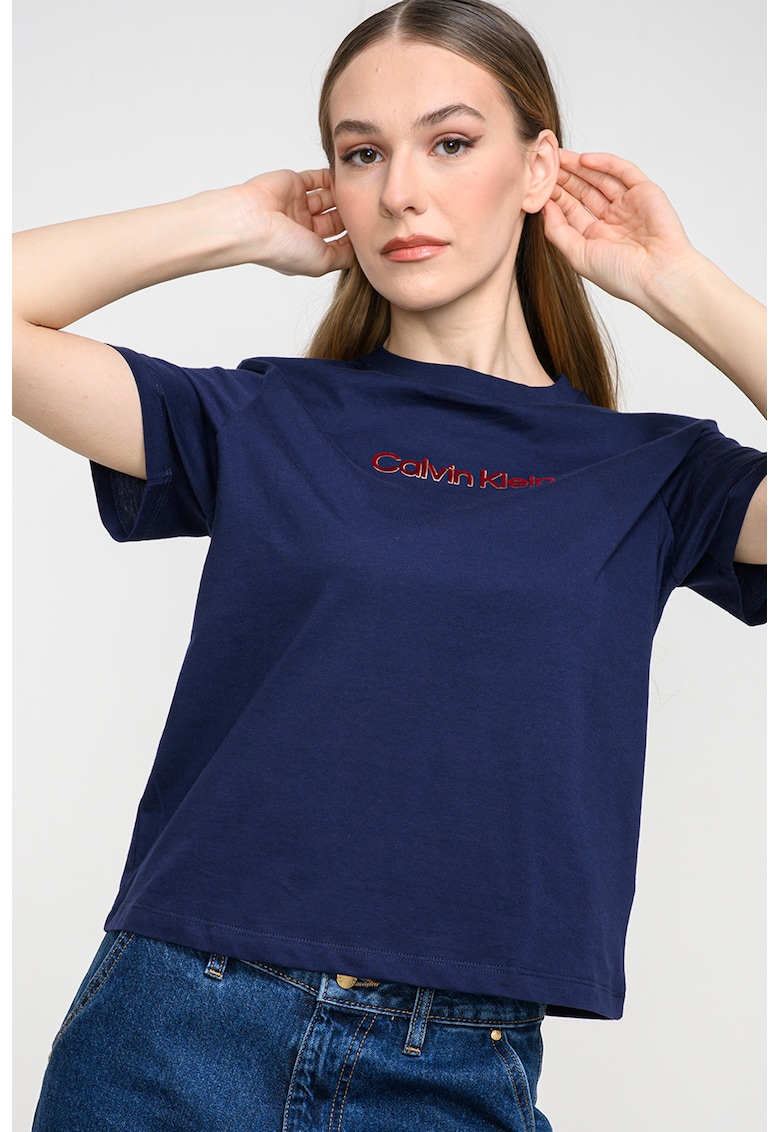 Tricou de bumbac cu logo contrastant - Albastru indigo