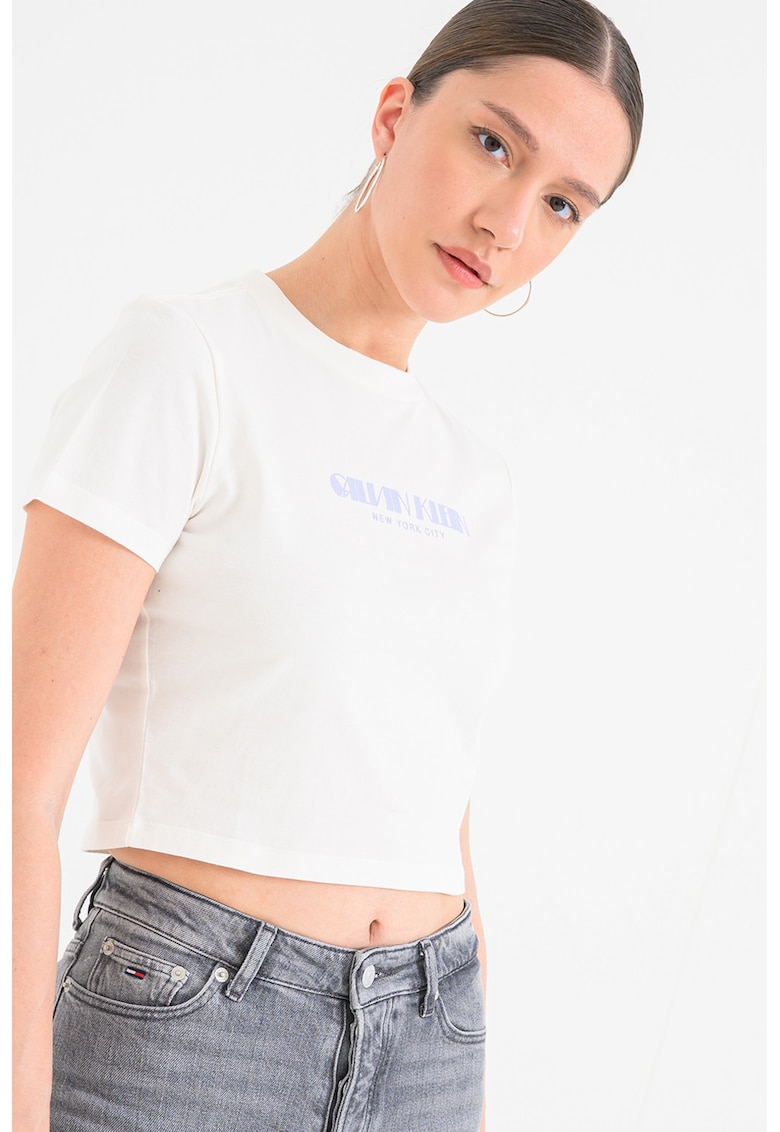 Tricou crop de bumbac cu imprimeu logo - Crem