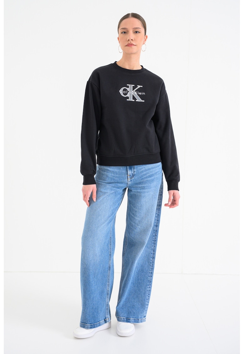 Bluza de trening cu imprimeu logo si maneci cazute - Negru