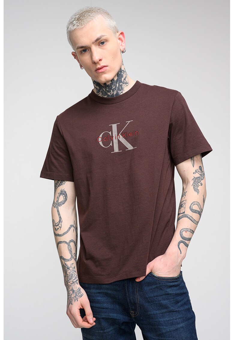 Tricou din bumbac cu imprimeu logo - Maro inchis