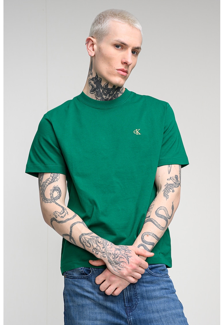 Tricou din bumbac cu decolteu la baza gatului - Verde electric