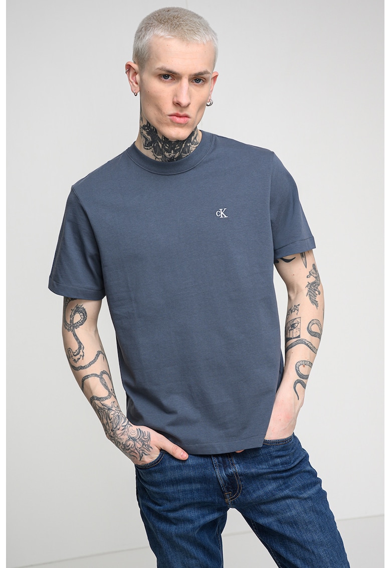 Tricou din bumbac cu decolteu la baza gatului - Albastru prafuit