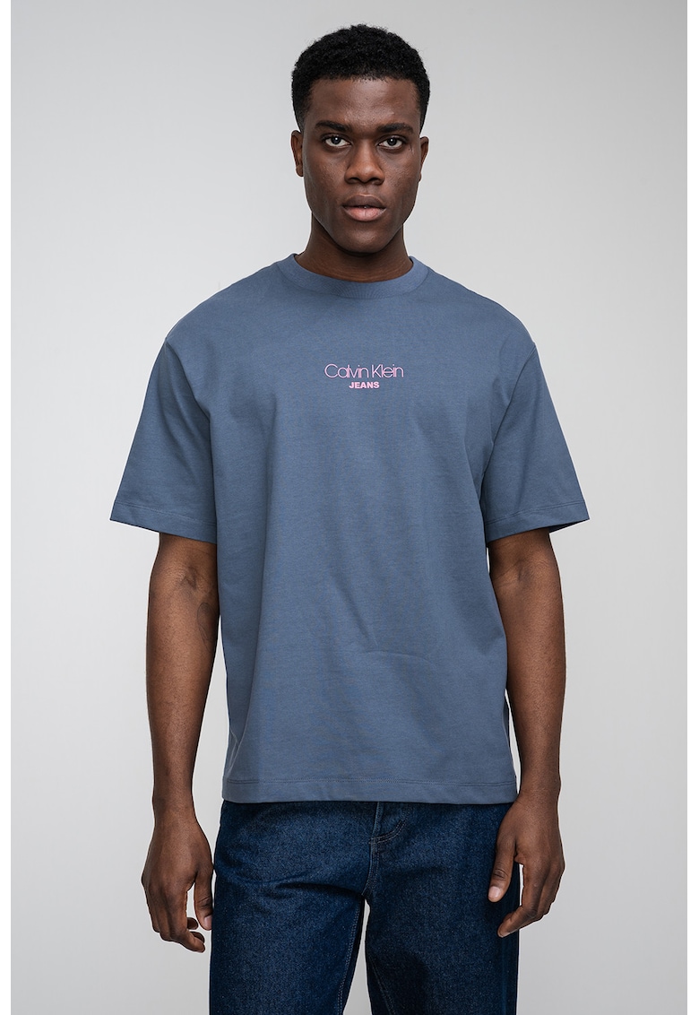 Tricou lejer cu imprimeu logo - Albastru prafuit/Roz