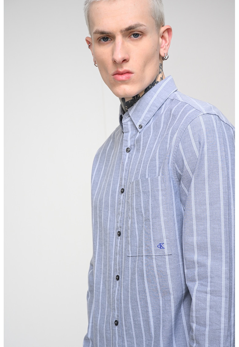 Camasa in dungi cu guler Oxford - Alb/Gri