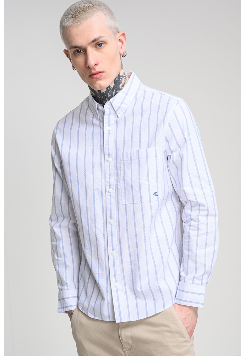 Camasa in dungi cu guler Oxford - Alb/Bleumarin