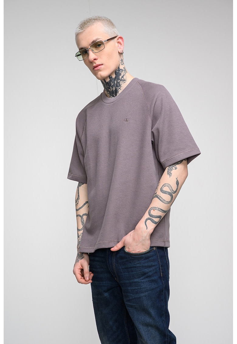 Tricou striat cu maneci raglan - Maro taupe