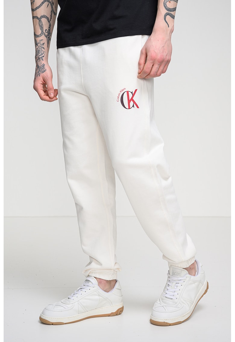 Pantaloni de trening cu talie elastica si logo - Alb