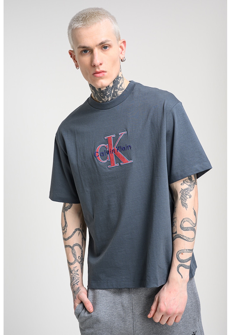 Tricou de bumbac cu logo brodat - Albastru prafuit