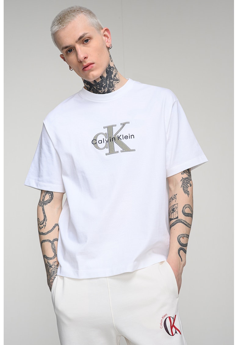 Tricou de bumbac cu logo brodat - Alb optic