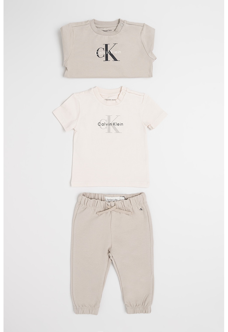 Set de bluza de trening - tricou si pantaloni de trening din amestec de bumbac organic - 3 piese - Verde pal/Bej deschis