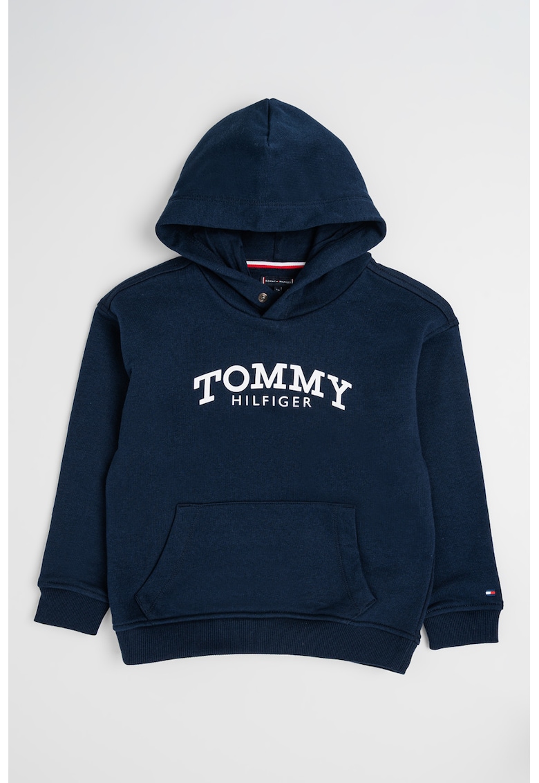 Hanorac cu imprimeu logo si buzunar knagaroo - Bleumarin