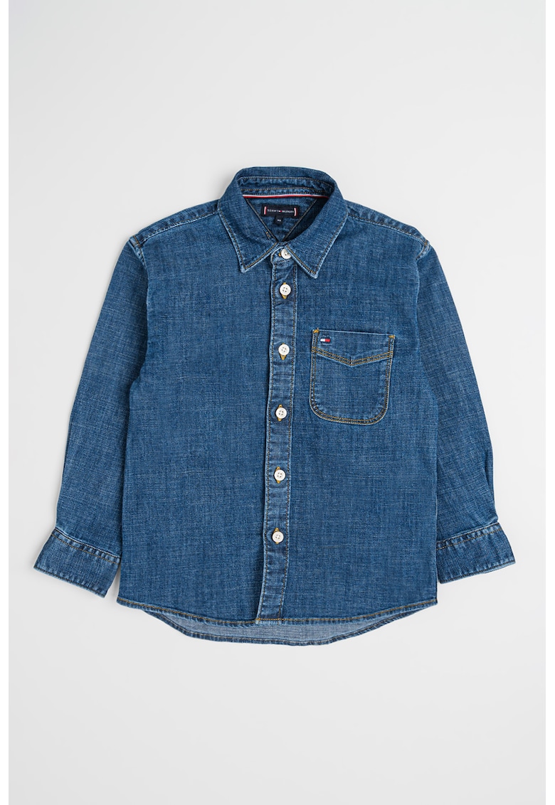 Camasa relaxed fit de denim cu buzunar pe piept - Albastru inchis