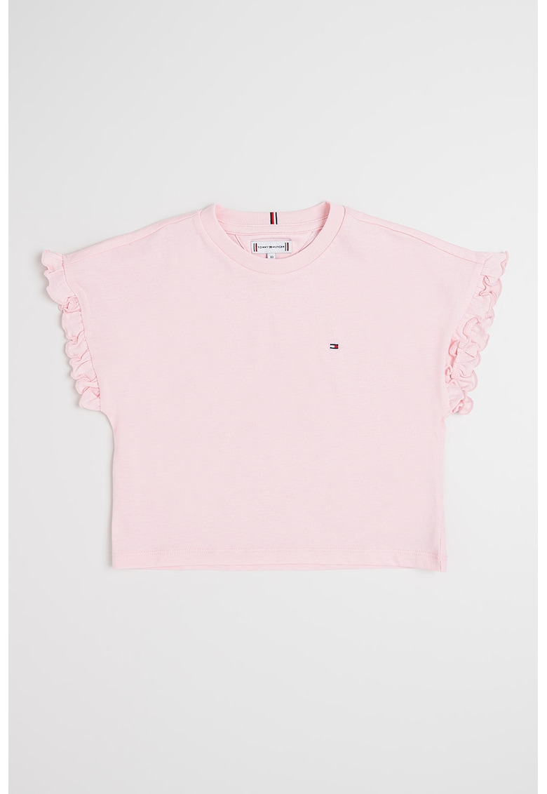 Tricou cu decolteu la baza gatului si terminatii cu volane Essential - Roz pastel